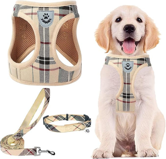 PUPTECK Adjustable Dog Harness Collar and Leash Set Step in No Pull Pet Harness for Small Medium Dogs Puppy and Cats Outdoor Walking Running, Soft Mesh Padded Reflective Vest Harnesses, Beige S