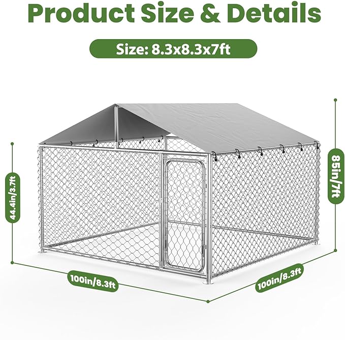 8.3x8.3 FT Heavy-Duty Outdoor Dog Kennel with Waterproof Cover, UV-Resistant Roof, Secure Locking Mechanism for Large Dogs, Metal Enclosure for All Weather Conditions（100x100x85IN）