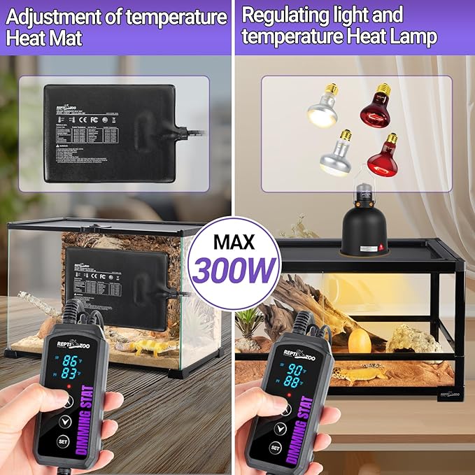 REPTI ZOO Reptile Dimming Thermostat, PID Temperature Controller with LED Digital Screen, Reptile Thermostat for Reptile Heat lamp Blub & Mat Heaters, Memory Function