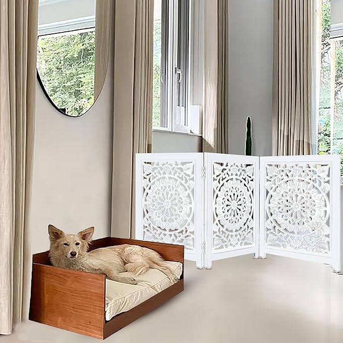 Lightnpro Wooden Dog Gate - Adjustable Freestanding Foldable Pet Safety Barrier for Indoor Use, Stylish Extra-Wide Fence for Dogs & Small Pets, Ideal for Stairs & Doorways - 24x54 Inch Antique White