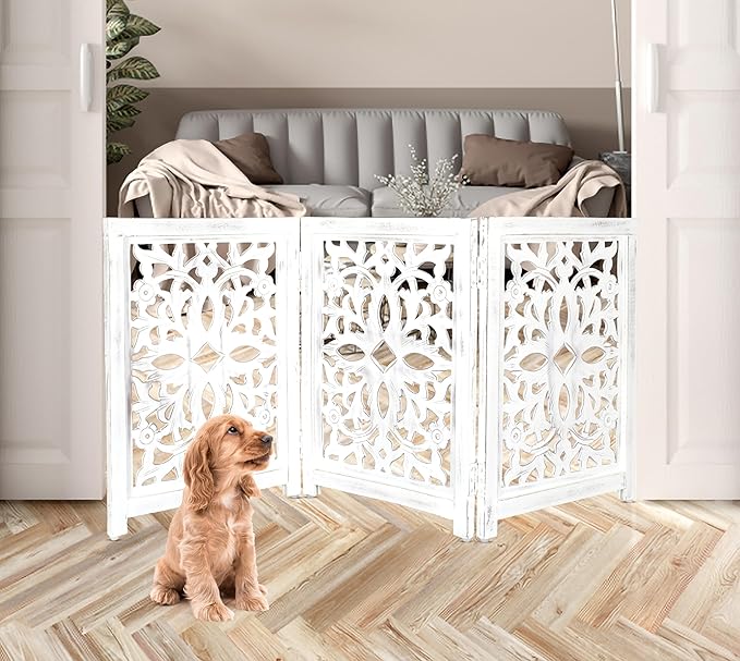 Lightnpro Foldable Carved Wooden Dog Gate - Freestanding Indoor Pet Safety Barrier, Adjustable Decorative Dog Fence for Stairs, Doorways & Hallways - 24x18 Inch Antique White