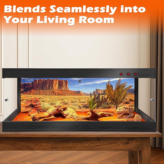 ROYXEN Reptile Tank, 81 Gallons Reptile Enclosure with Lockable Design, Tempered Glass Bearded Dragon Tank for Lizard Habitat, Soild Wood Built-in Sockets (Black, 47.5"x19.5"x19.5")