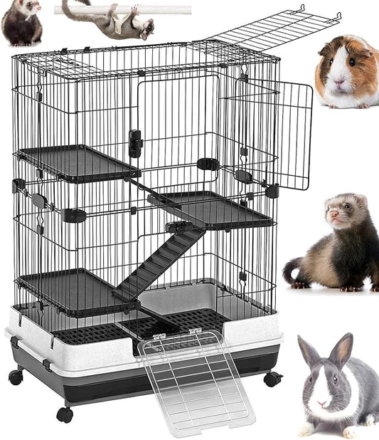 X-Large 32”L in/Outdoor Small Animal Rabbit Home Ferret Cage Bunny Hutch Adjustable Paw Safe Platform Ladder Raised Bottom Mesh Floor Easy Pull Out Washable Deep Tray Lockable Wheels