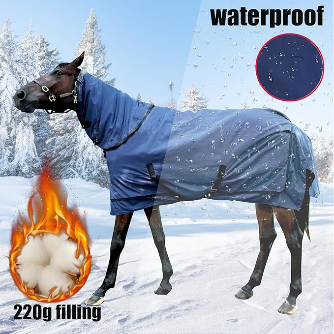 Horse Care Blanket, Turnout Blanket for Horses with Detachable Neck Cover, 1200 D 220g Filling Thicken Medium Weight Horses Rug, Waterproof Blanket for Horse (US 72 in(EU 135cm))