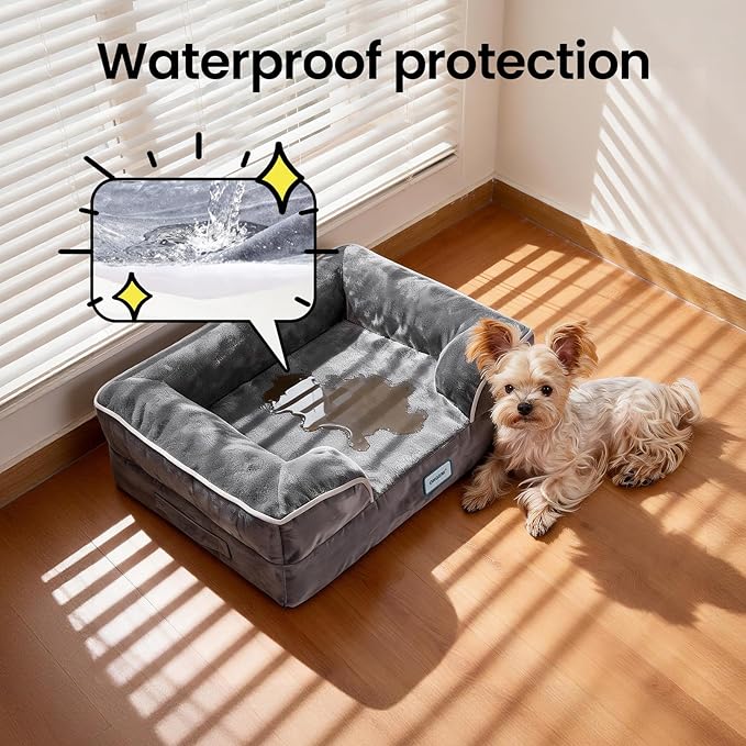 OhGeni Orthopedic Dog Bed Couch Cat Sofa for Small Sized Pets with Memory Foam, Machine-Washable Waterproof Removable Cover, Soft Comfortable Fabric, 22-inch (Gray)