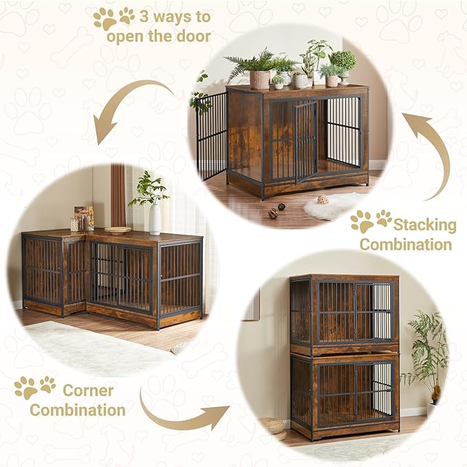 Rovibek 86" Stackable Dog Kennel Furniture with Removable Divider & 3 Doors, Double Dog Crates Furniture for 2 Dogs, Corner Dog Crate Furniture, Rustic Brown
