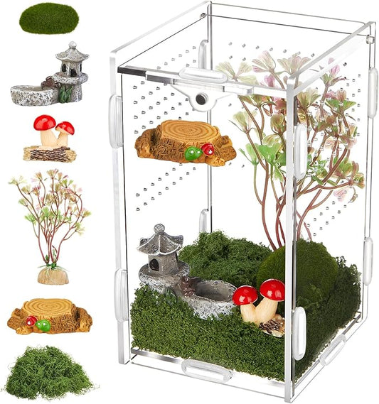 Jumping Spider Enclosure with Habitat Mini Figurines Set Acrylic Terrarium Habitat Mini Jumping Spider House Decorations for Tarantulas Snail Mantis Small Reptiles (Top Opening Door)