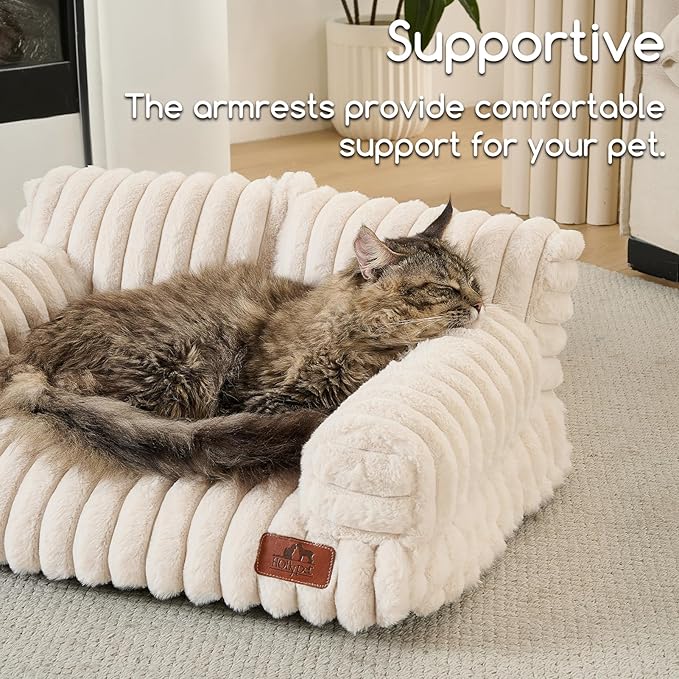 Hollypet Fluffy Dog Cat Bed Pet Couch Beds Plush Soft Warming Washable Puppy Bed for Small Medium Dogs and Large Cats, Cream, 24" L x 18" W x 10" Th