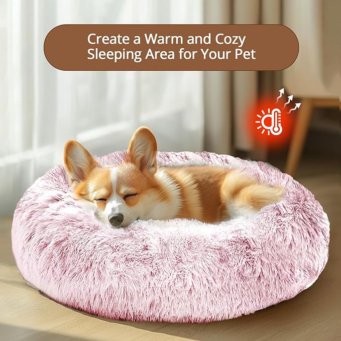 JOLLYVOGUE Calming Dog Bed Medium Size Dog, 31in Donut Washable Medium Pet Bed, Anti-Slip & Anti-Anxiety Fluffy Faux Fur Round Dogs Bed, Fits up to 45 lbs Pets (Smoke Pink)