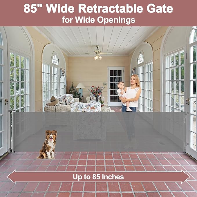 85 Inch Retractable Baby Gates Extra Wide Retractable Dog Gate for Wide Openings Indoor Outdoor Retractable Gate Mesh Dog Gates for The House Extra Wide Baby Gate Retractable Gates for Dogs, Gray