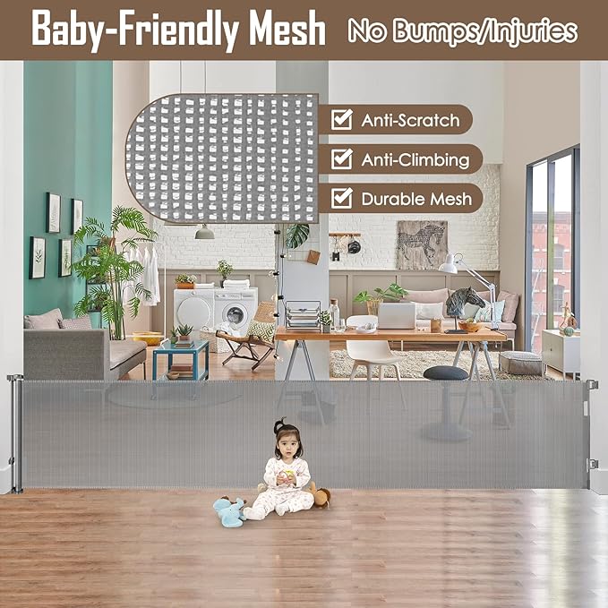 185 Inch Extra Wide Retractable Baby Gate Retractable Gate Outdoor Extra Long Dog Gate Extra Wide Baby Gates for Large Openings, Mesh Dog Gate Extra Large Pet Gate, Gray