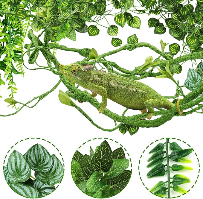 QUOZUO Bearded Dragon Tank Accessories for Habitat, Terrarium Hanging Plants Artificial Leaves Reptile Hide, Leopard Gecko Tank Accessories Hide Terrarium Decor for Lizard Geckos Chameleon Snake