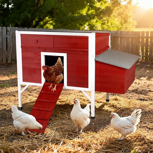 FunXplore Outdoor Chicken Coop Weatherproof Wooden Hen House Small Animal Pet Hutch with Asphalt Roof Elevated Legs Removable PVC Layer Above Nest Box Pull-Out Tray