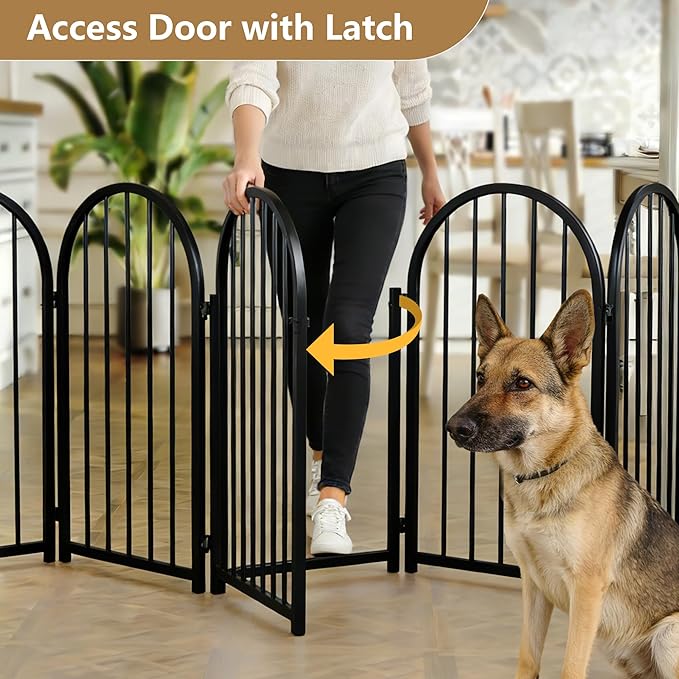 PUPETPO Full Metal Dog Gate with Door for Indoor Outdoor, 32" Tall Free Standing Pet Dog Fence, 72" Extra Wide Pet Gates for Stairs, Hallways, Doorways, Kitchen, Decks, Yards (Black, 4 Panels)