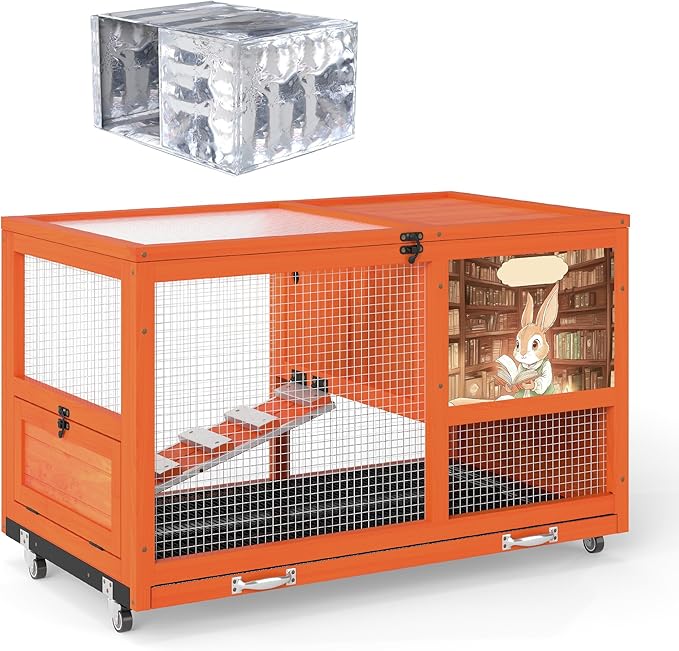 COZIWOW 36.5-Inch Double-Decker Wooden Insulated Rabbit Hutch with Wheels, Heated Rabbit Cage Featuring A Cleaning Tray and Ladder—Stylish&Easy to Assemble（Orange and Warm）