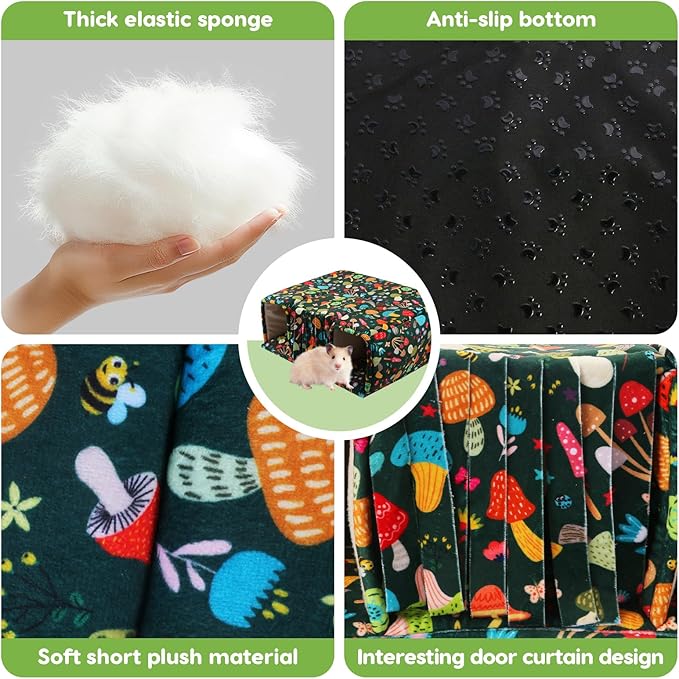 Guinea Pig Hideout with Tunnels, Toys & Cozy House - Soft Large Bed for Small Pets - Blackish Green Mushroom