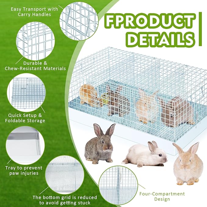 DoubleFill 4 Hole Folding Rabbit Transport Cage, 28 x 16 x 12 in Portable Rabbit Bunny Carrier with Tray and Handles for Travel Temporary Housing, Indoor Outdoor Pet Habitat Animal Enclosure