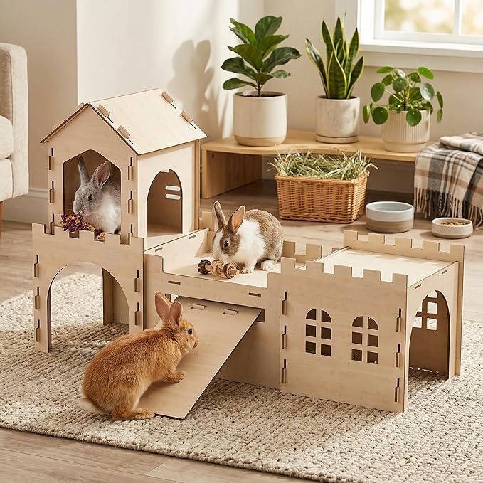 Large Bunny House and Hideouts, Wooden Dual-Layer Rabbit Castle with Stair, Rubber Band-Free Setup - Chew-Proof, Sturdy Habitat for Guinea Pig Chinchilla Ferret (Rabbit House)