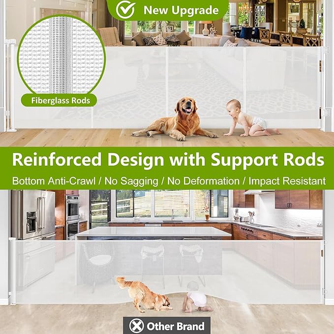 Reinforced 42 Inch Tall Retractable Baby Gates Extra Wide Dog Gate, 155 Inch Extra Long Baby Gate with Support Rods - Prevent Crawling Under, Indoor Retractable Gate Outdoor Extra Tall Dog Gate, White