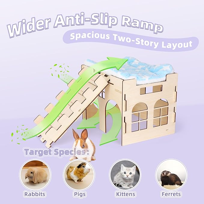 HIIMALEX Extra Large Sturdy Bunny Hideout Wooden Rabbit Castle with Ramp Indoor House Habitat for Rabbits Hamsters Guinea Pigs Ferrets Bunnies