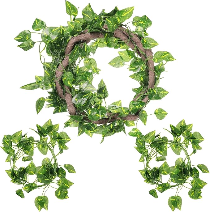 Canlierr 4 Pcs Reptile Vines, Flexible Bendable Jungle Climbing Vine Terrarium, Fake Plants for Reptiles, Artificial Leaves Terrarium Tank Pet Habitat Decor for Bearded Dragons, Lizard, Snake, Gecko