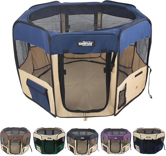 EliteField 2-Door Soft Pet Playpen (2 Year Warranty), Exercise Pen, Multiple Sizes and Colors Available for Dogs, Cats and Other Pets (48" x 48" x 32"H, Navy Blue+Beige)