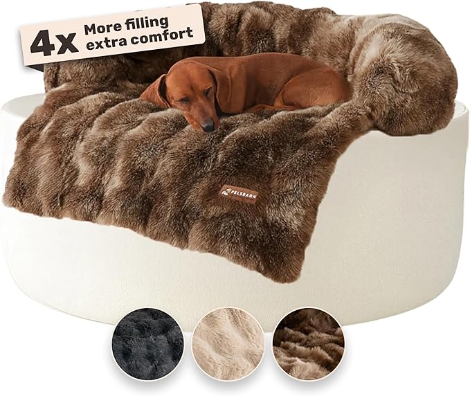Pelsbarn Dog Bed for Couch, Luxurious Sofa Bed for Dogs with Non-Slip Oxford Bottom - Faux Rabbit Fur with Removable Cover, Small, Latte Swirl Color - 28x28 in