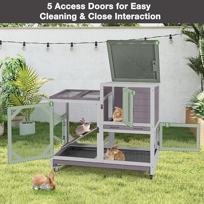 Large Rabbit Hutch Indoor Outdoor, 2-Tier Bunny Hutch with Wheels and Waterproof Roof, Wooden Guinea Pig Cage with Leak-Proof Pull-Out Trays, Multi-Door Bunny Cage for Small Animals-Grey