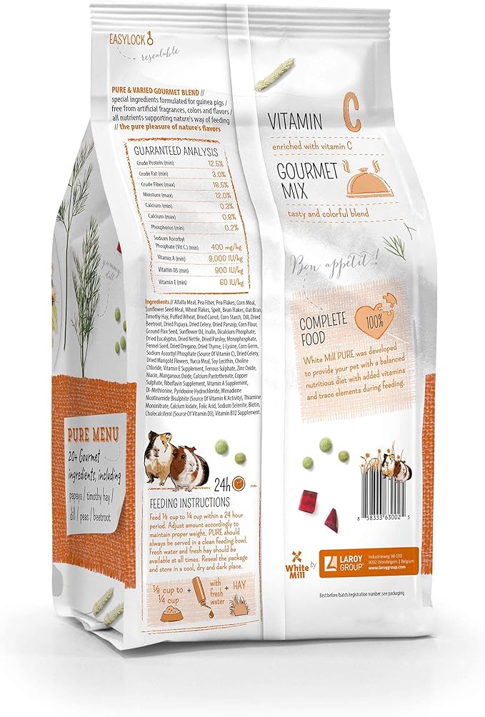 Witte Molen Pure Guinea Pig Food Mixture Papaya & Peas Dry, (Abyssinian, American, Coronet, Peruvian) (3 Pack Pure Guinea Pig Food Mixture Papaya).