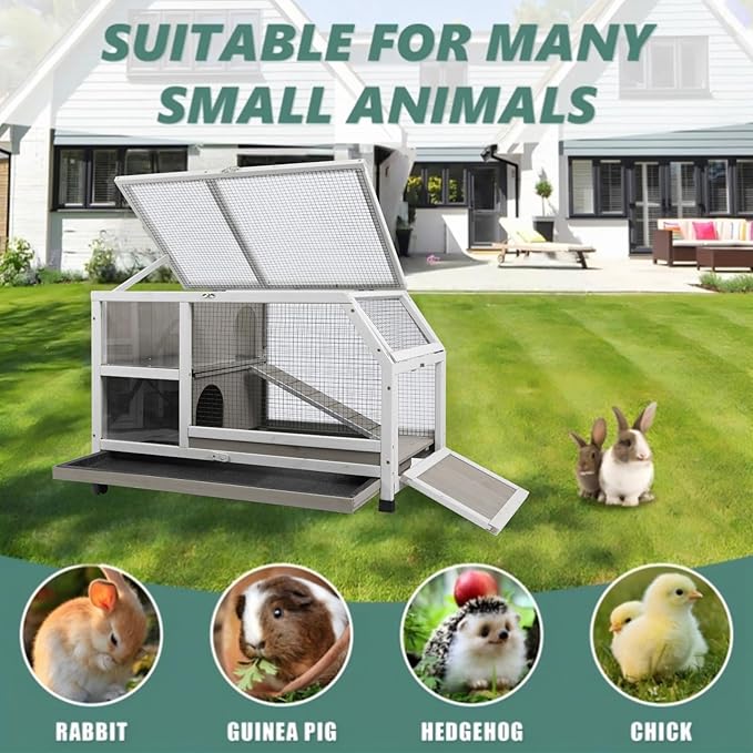 Gowoodhut Indoor Rabbit Hutch - 36''L Outdoor Wooden Bunny Hutch with Wheels Rabbit Cage Guinea Pig Cages Removable Pull Out Tray, Ramp, Hideout, Small Animals Pet House Hamster Ferret for Bunny Cage