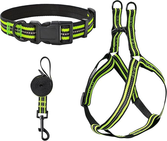 Mile High Life Night Reflective Double Adjustable Band Nylon Small Puppy Pet Dog Combo Collar Leash and Harness Set (Reflective Stripe Lime Green, Large (Pack of 3))