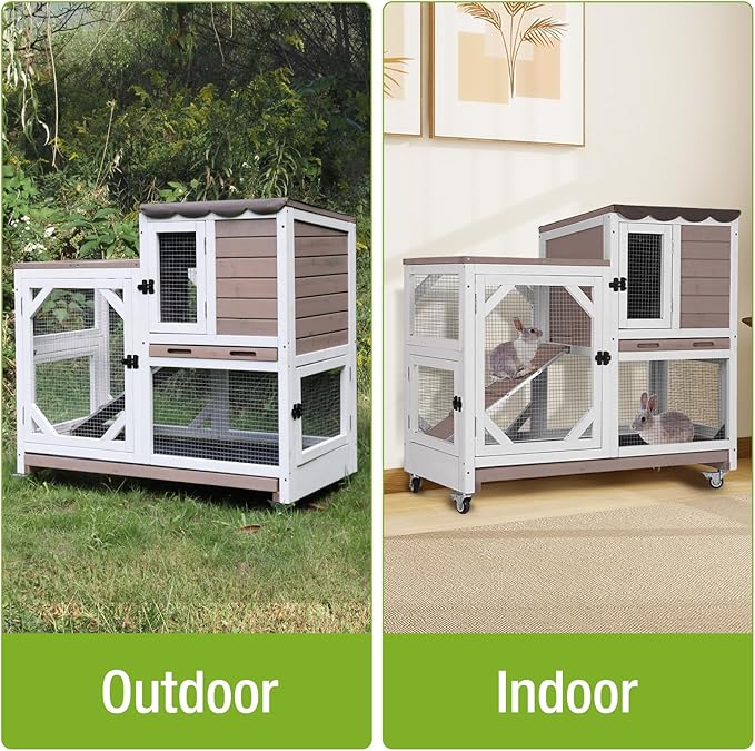 Rabbit Hutch Indoor Outdoor, 2-Story Bunny Cage with Wheels, Wooden Rabbit House with Leakproof Trays, Rain Cover, Guinea Pig Cages with Chew-Proof Ramp (Brown)