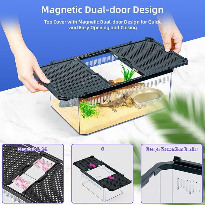 High-Transparency Reptile & Insect Enclosure Terrarium with Magnetic Door, Excellent Ventilation, Easy Cleaning, and Strong, Long-Lasting Build for Cricket,Frog,Insect House Gecko, Black,9.3 in