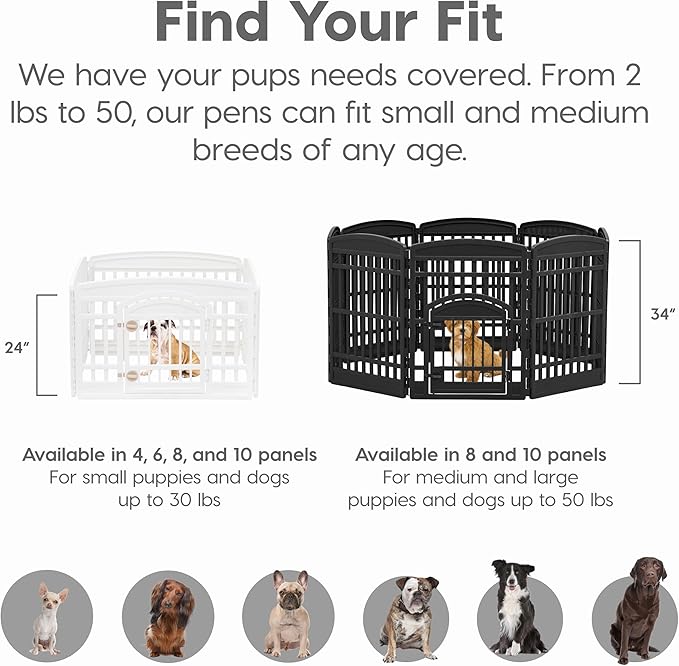 IRIS USA Dog Playpen with Door, 24” 6 Panel Pet Exercise Pen – Indoor Outdoor Puppy Play Pen, Portable Plastic Pet Fence for Small Medium Dogs, Foldable 61” x 61” x 24”, White