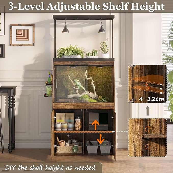 45 Gallon Inclined Reptile Tank with Terrarium Stand, Large Terrarium Reptile Tank Enclosure with Storage Cabinet, Adjustable Shelves and Ventilation Hole Panel, Bearded Dragon Cage, Brown