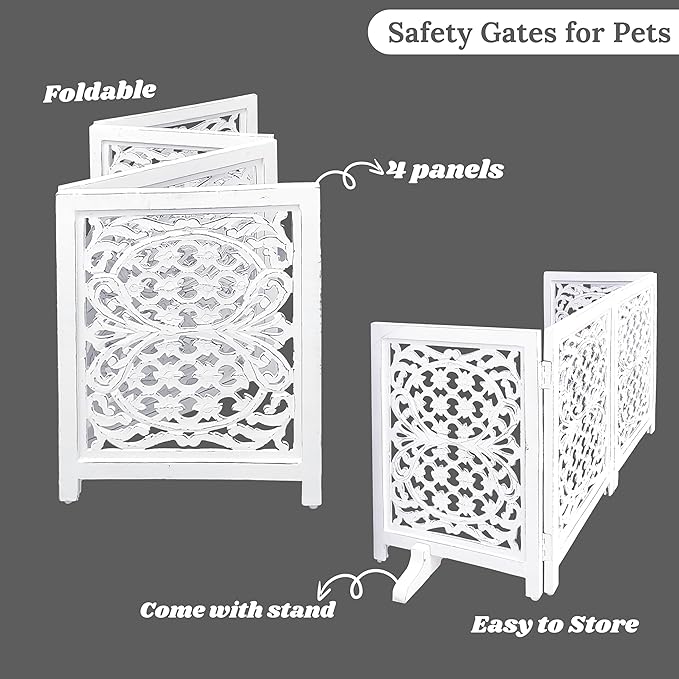 Lightnpro Foldable Carved Wooden Dog Gate with Stopper - Freestanding Indoor Pet Barrier for Home, Adjustable Dog Fence for Stairs, Doorways & Hallways - 24x18 Inch (4 Panels) Antique White