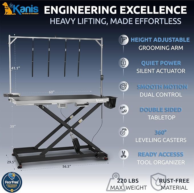 KANIS Professional Electric Dog Grooming Table - Heavy Duty, Height Adjustable Pet Grooming Table w/Leveling Wheels, Grooming Arm, Anti-Slip Tabletop & Tool Organizer/Dog Grooming Station (Black, 60")