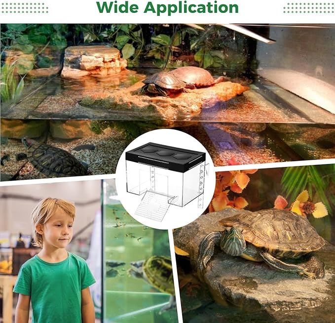 Clear Turtle Sunroom, Tortoise Raised Basking Zone with Ramp & Top, Height Adaptable, Small Reptile Abode with Drilled Hole for Hex Basking Bulb