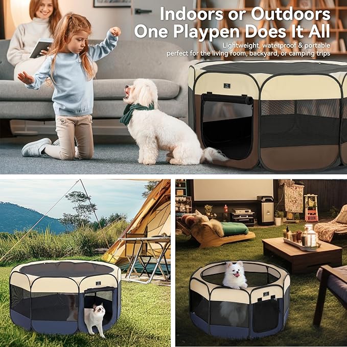 Dog Playpen for Small Dogs & Puppies, 40.55" Portable Indoor Outdoor Puppy Playpen with Bowl, Waterproof Floor, Foldable Pop-Up Pet Pen for Home, Travel & Daily Use