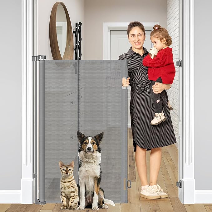 Reinforced 48" Extra Tall Dog Gate with Support Rods, 4 Ft Tall Retractable Dog Gates for Doorways 55" Wide Mesh Baby Gate for Cats - Prevent Baby/Pet from Jumping Over, Gray