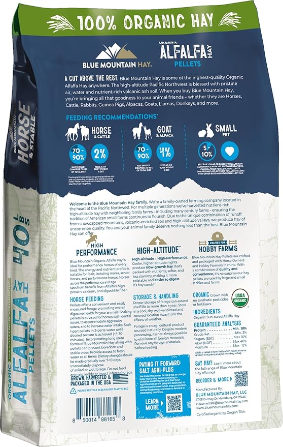Blue Mountain Hay High Altitude Organic Alfalfa Hay Pellets (40 lb), Ultra Premium Nutrient Dense Forage, Small Quick Soaking Low Dust Pellets, Easy to Measure, Automatic Feeder Friendly