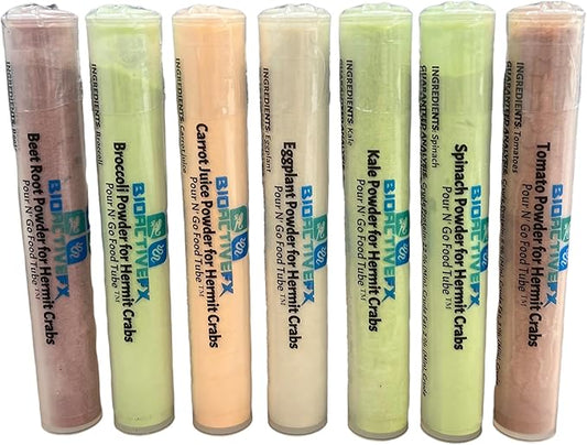 Hermit Crab Food Variety Packs - Natural Multi-Mix and Treat Blend for Pet Hermit Crabs, Pour N’ Go Food Tube ™, Lab-Tested for Quality & Safety (7 Pack Veggie Garden + Puffs)
