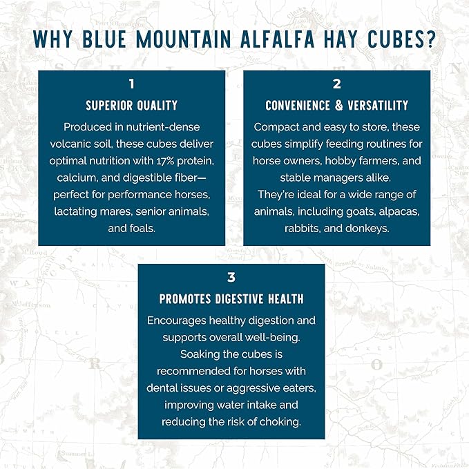 Blue Mountain Hay High-Altitude Alfalfa Hay Cubes Easy Flake Box (50 lb),Leafy Texture, High Protein Fiber & Minerals, Easy Storage Feed Solution for Homestead Use
