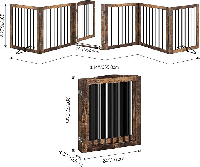Vantas Folding Pet Gate 144" Wide, 30" Tall No-Assembly Wooden Dog Gate with Door Walk Through, Freestanding Puppy Safety Fence, with 2PCS Support - Rustic Brown