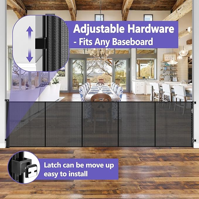 Reinforced 42 Inch Extra Tall Pet Gate with Support Rods, 96" Wide Retractable Baby Gate, Prevent Crawling Under Extra Tall Retractable Dog Gate Indoor Retractable Gate Outdoor Gates for Decks, Black