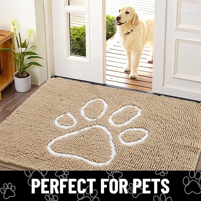Smiry Dog Door Mat for Muddy Paws, Absorbent Dirt Trapper Non Slip Quick Dry Washable Chenille Mat for Mud Dogs, Entry Rug for Indoor and Outdoor (59x20 Inches, Beige and White)