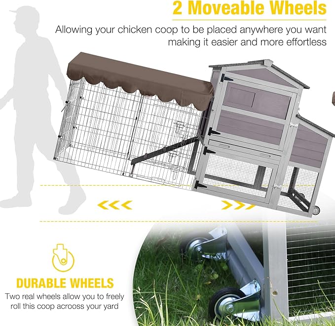 80.5’’ Outdoor Chicken Coop, Mobile Chicken Tractor with Wheels, Large Poultry Hen Cage with Nesting Box, Waterproof Roof and Sliding Out Tray, Wooden Chicken House for 2-4 Chickens