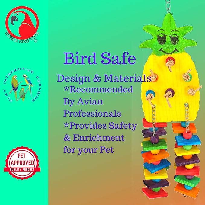 Bonka Bird Toys 1733 Medium Pineapple Toys Colorful Chew Wood Hanging Pulling Parrot Parrotlet Cockatoo African Grey Macaw