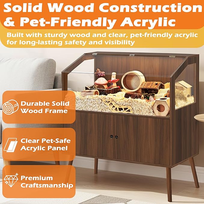 PROLEE Hamster Cage with Storage Cabinet,Large Hamster Encloure Chew Proof Wood,Clear View Hamster Habitat for Guinea Pig, Ferret, Rat, Hedgehog，47“ X 40” X 20“ (Walnut)