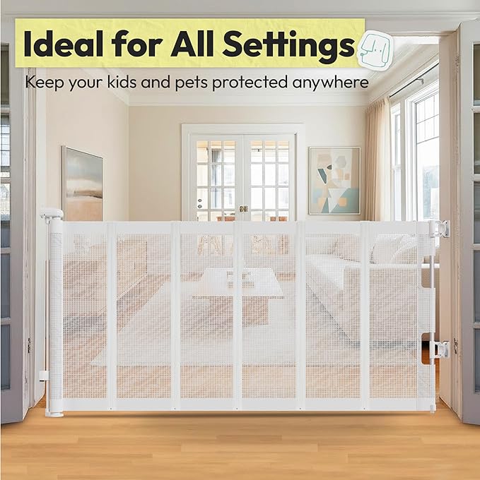 34" H Tall Mesh Dog Gate Extends Up to 150" W Retractable Pet Gate with Drill Installation, Preventing Crawling Through for Stairs, Doorways, Indoor & Outdoor (White)